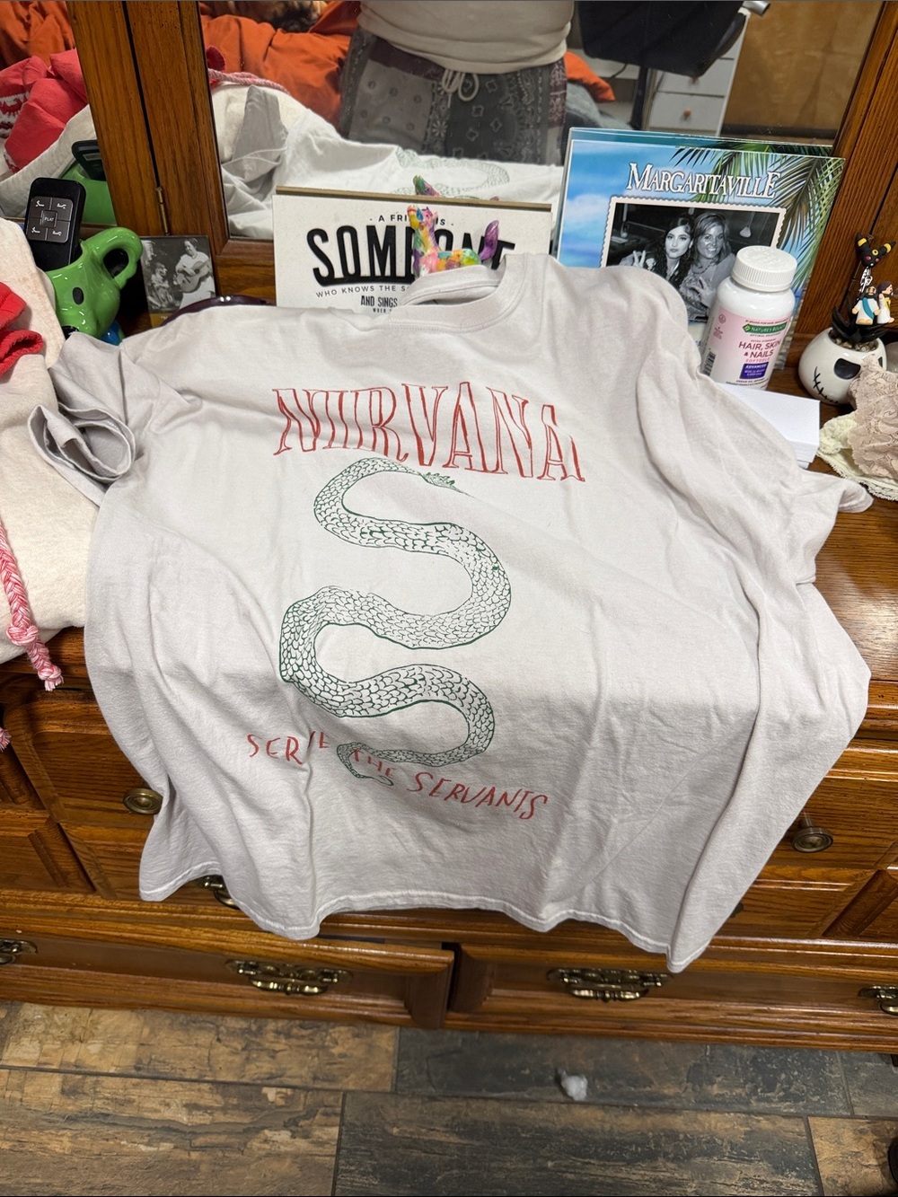 NIRVANA Light Gray Tee with Red Logo & Green Snake